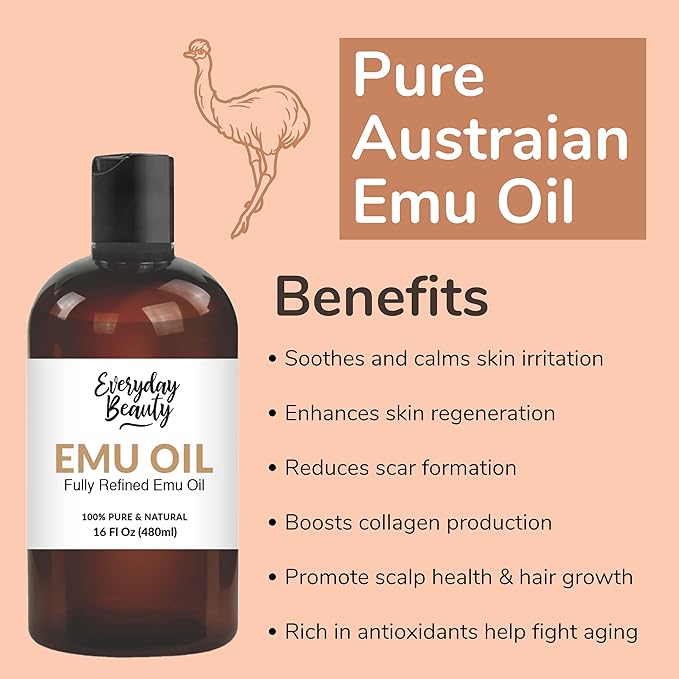 Emu Oil Bulk - 16 oz Pure & All Natural Refined Australian Emu Oil for Face, Skin and Hair - Great for Sensitive Skin and Hair Growth - For Scars and Piercings - High in Omega 3, 6 and 9 Fatty Acids