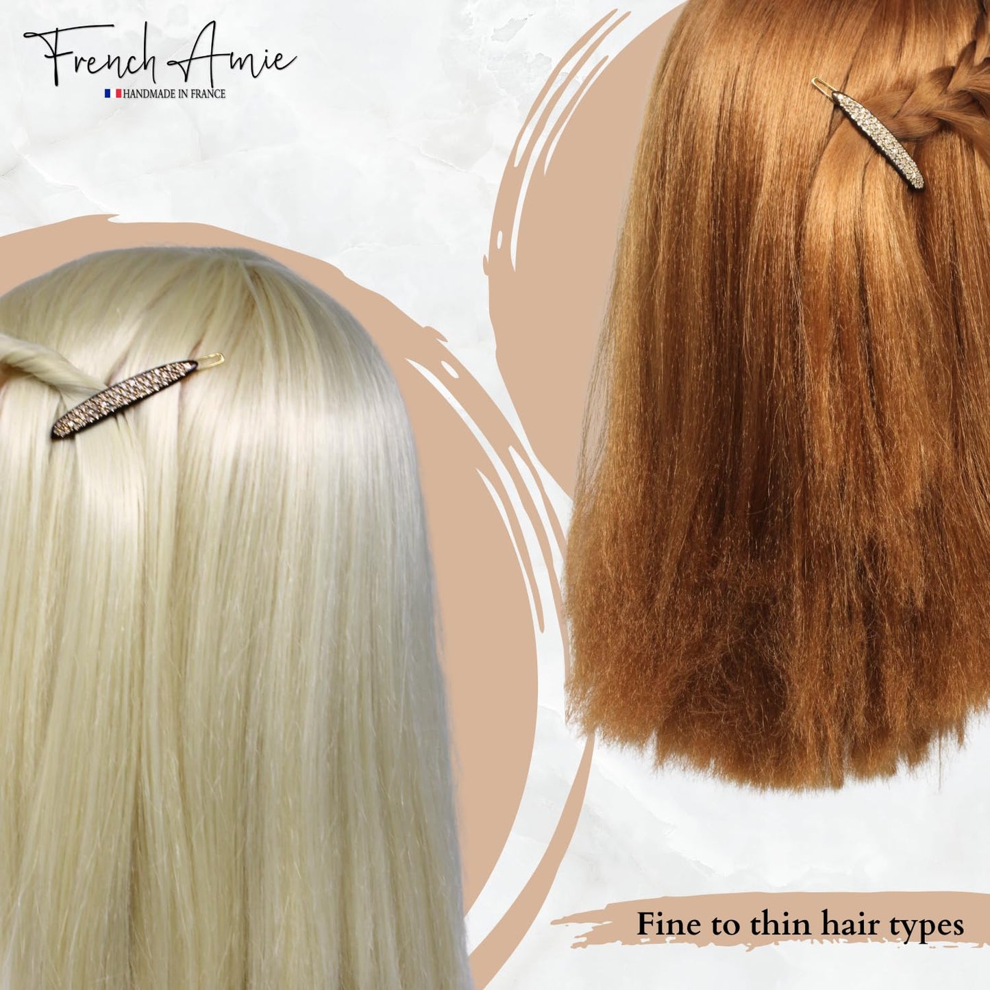 French Amie Narrow Oblong Small 2 1/4" Celluloid Acetate Set of 2 Side Slide In Hair Clip Barrettes with Tige Boule Clasp for Girls and Women, Made in France (Tortoise Shell)