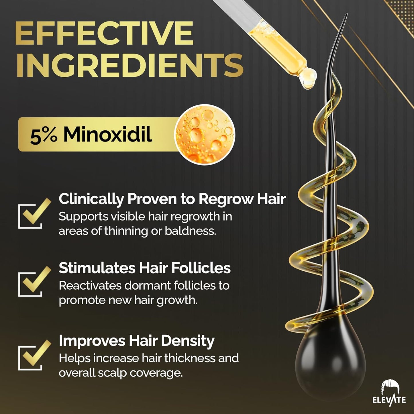 Elevate Hair Regrowth Treatment 5% Minoxidil Solution for Hair Growth - Extra Strength Topical Hair Growth Serum for Thicker, Fuller Hair 2 Fl Oz Made in USA