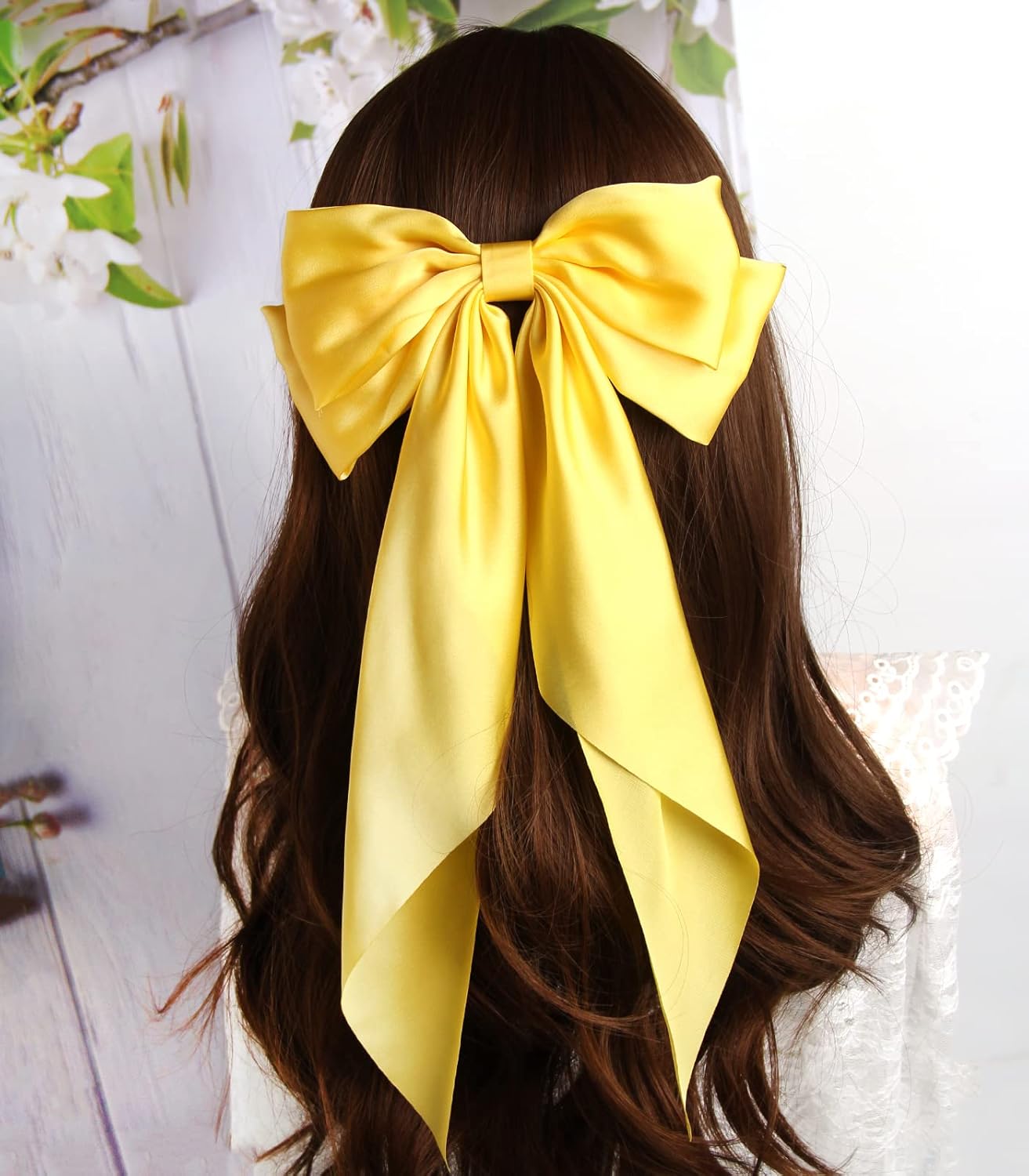 Satin Bow Hair Clips for Women,Big Bow Hair Slides Metal Clips Long Ribbon Hairpin Girls Barrettes Party Half-Updo Ponytail Accessories (Hot Pink/Yellow)