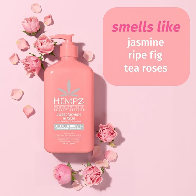 Hempz Sweet Jasmine & Rose Herbal Body Moisturizer for Women, 17 Fl. oz. - Moisturizing Lotion with 100% Pure Hemp Seed Oil, Collagen, Shea Butter - Hydrating Vegan Lotion for Dry Skin