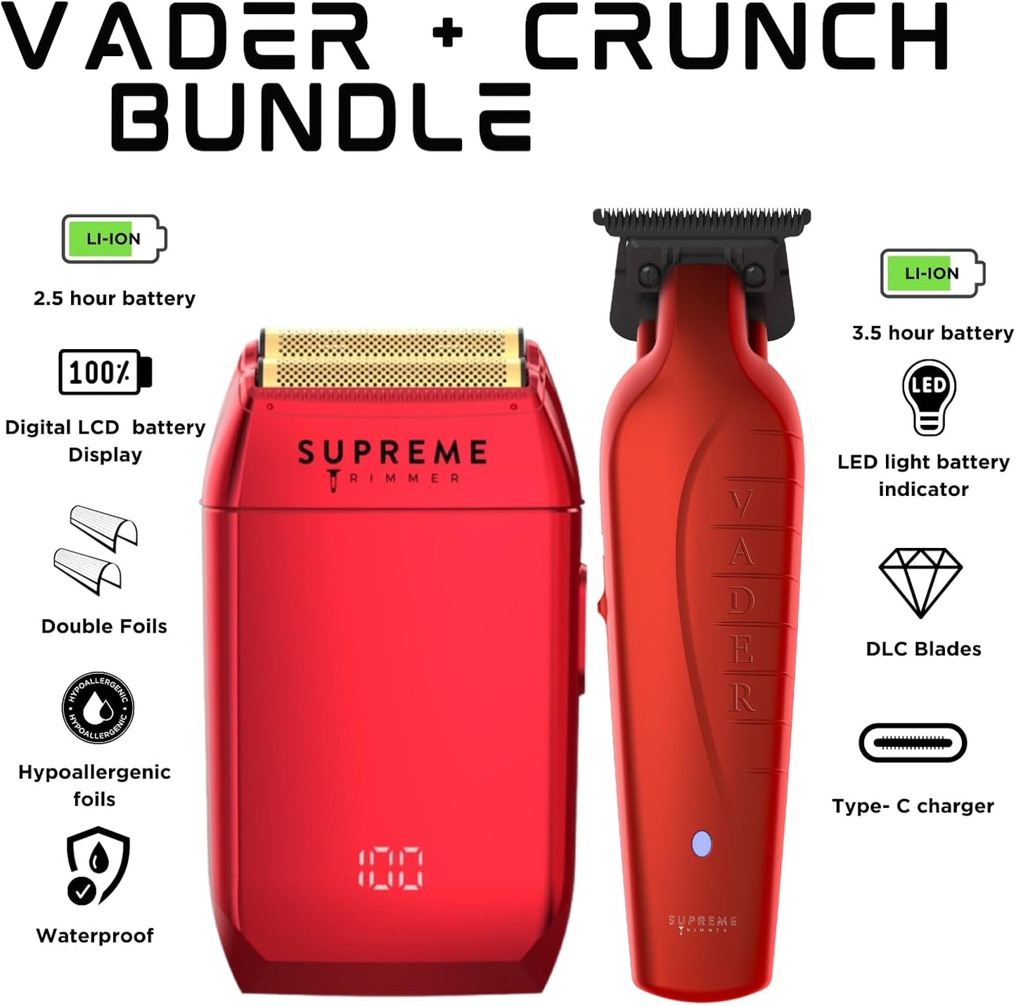Supreme Trimmer Vader Trimmer & Crunch Foil Shaver Barber Haircutting Kit | Professional DLC T-Blade Beard Trimmer ST3778 & STF602 Waterproof IPX6 Shaver Set | Red