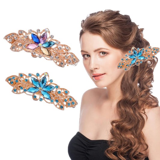 2 Pieces Rhinestones Bridal Hair Accessory Metal Hair Clip Flower Barrettes for Women Thick Hair 8cm, 2-Lotus Multicolor