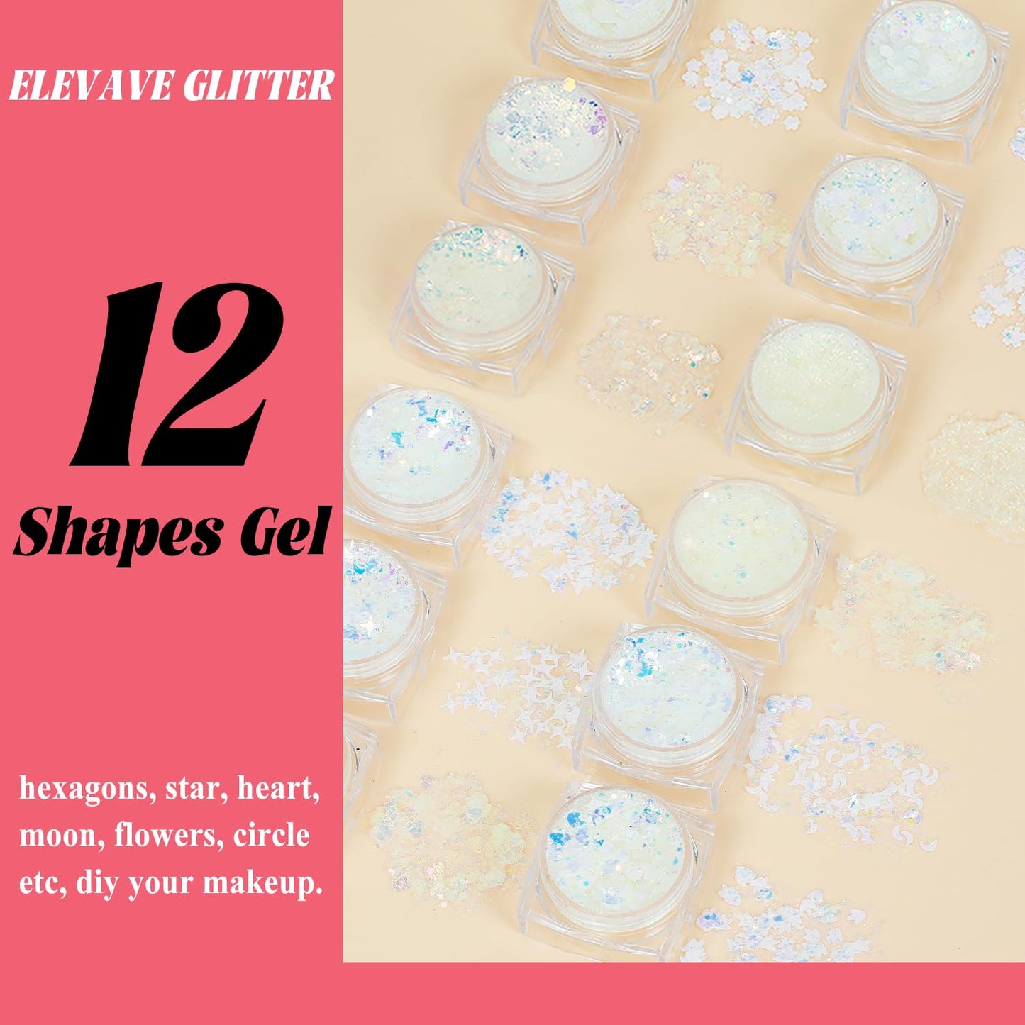 Body Glitter Face Glitter, Hair Glitter for Kids, 12 Shapes Fine Chunky Glitter Gel for Women Girls Makeup Sparkles Party Mermaid Sequins Rave Accessories Singer Concerts Festival (4 Colors)