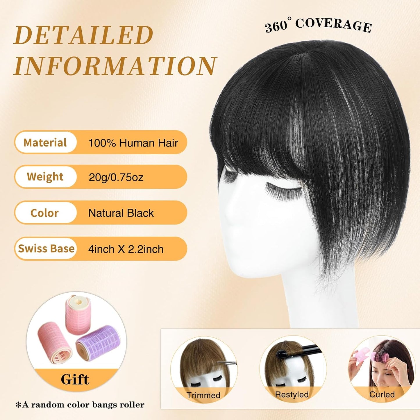 NAYOO Hair Toppers for Women Real Human Hair, 360° Cover Clips in Full Fringe Fake Bangs Hair Pieces for Women Girls Daily Wear(Natural Black)