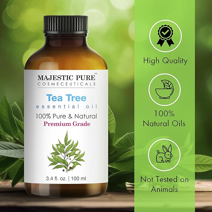 MAJESTIC PURE Tea Tree Essential Oil with Glass Dropper | 100% Pure and Natural Tea Tree Oil | Premium Grade Essential Oils for Diffusers, Skin, Aromatherapy, Massage | 3.4 Fl Oz (Pack of 2)