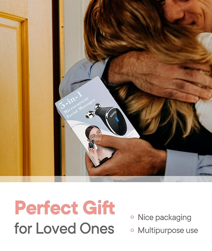 Microcurrent-Facial-Device, 5-in-1 Microcurrent Multifunctional Facial Massager, Face Roller Face Massager for Skin Care, Glossy Black