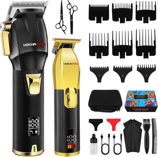 HIENA PRO Professional Hair Clippers Set for Men, Cordless Barber Kit for Haircut, Clippers and Trimmers Set, Hair Cutting Kit with LED Display & Rechargeable USB, Gifts for Men (Black Gold)