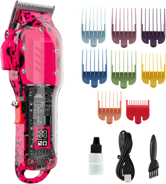 Professional Hair Clippers for Men, Cordless Barber kit for Hair Cutting & Grooming, Pink Hair Clippers Set for Barber Haircut with LED Display 8 Fade Taper Combs