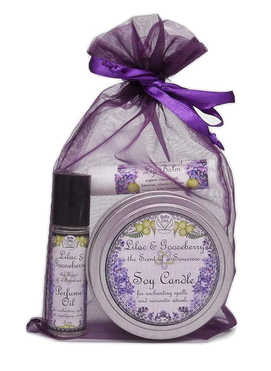 Lilac & Gooseberry Gift Set | Perfume with Soy Candle Tin and Lip Balm | Full Size Products | Yennefer Scent of a Sorceress by Bella Des Natural Beauty