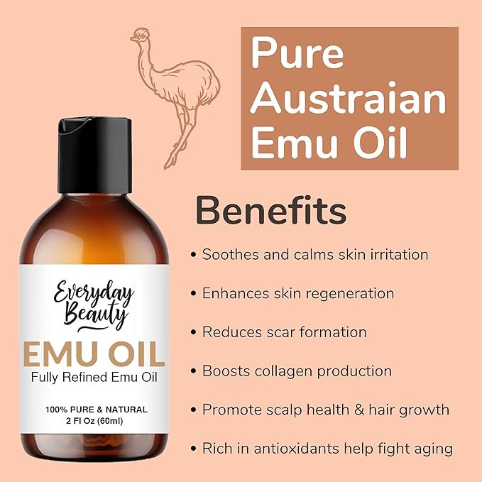Pure Australian Emu Oil - All Natural 6X Refined for Face, Skin and Hair - Highly Effective Hydration for Sensitive Skin and Hair Growth - Perfect for Scars and Blemishes - 2 Fl Oz