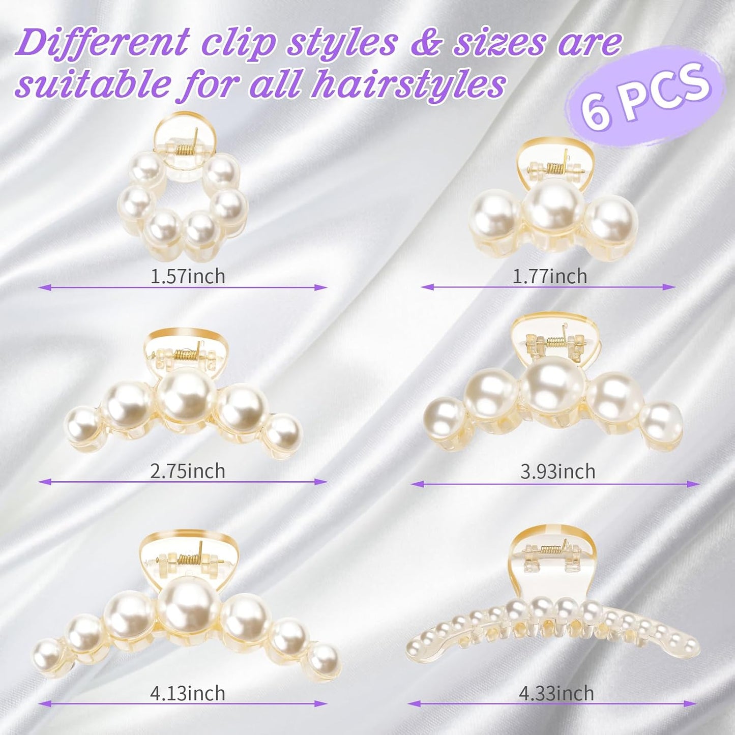 Leezmark 6 PCS Pearl Hair Clips, Wedding Hair Clip for Thick Long Thin Curly Hair White Fancy Big Claw Clips Hair Accessories for Women, Girls