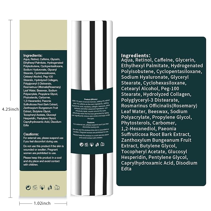 Eye Cream, Under Eye Cream for Dark Circles, Eye Cream for Puffiness and Bags Under Eye and Wrinkles with Retinol Caffeine for All Skin Types, 0.5 Fl oz