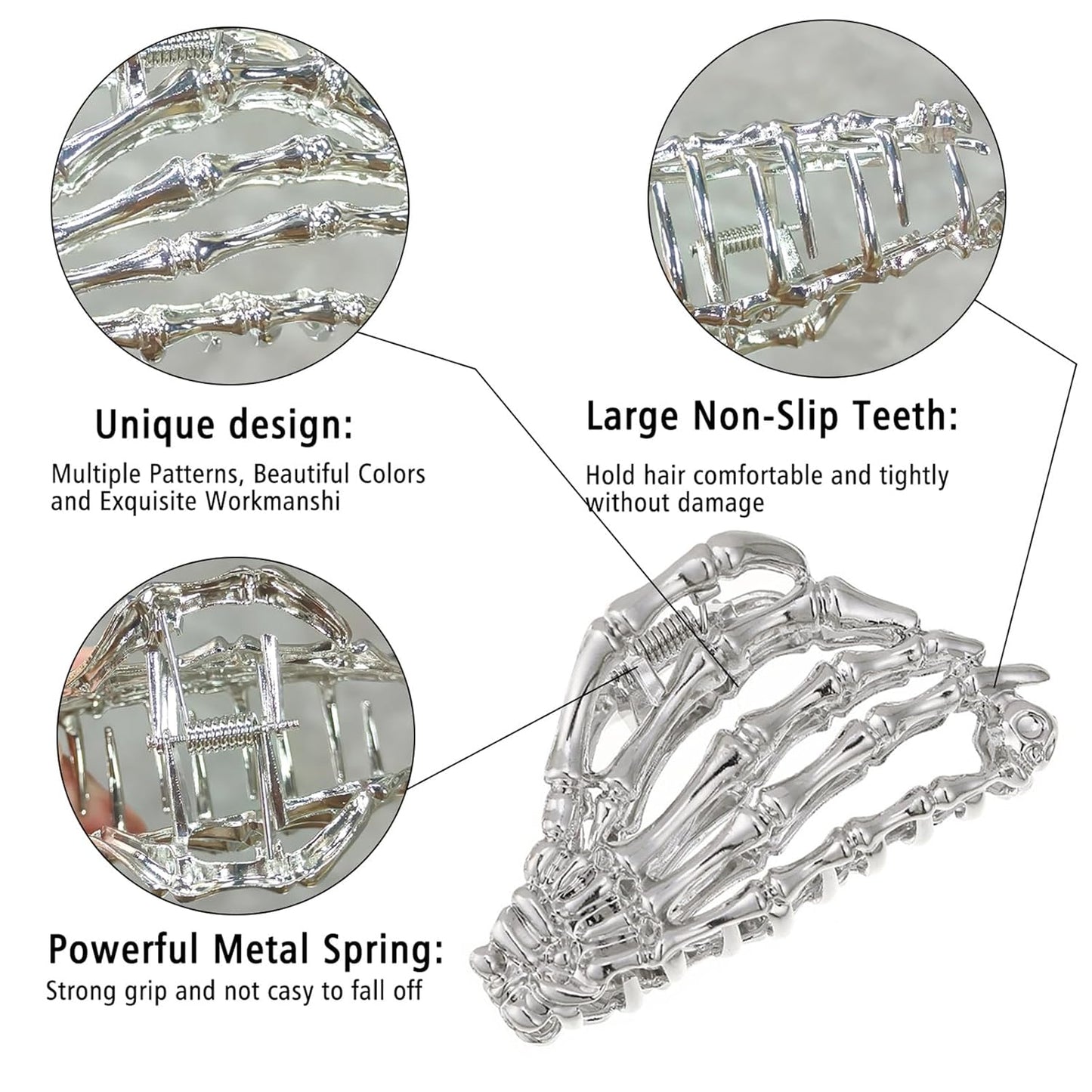 Skeleton Hand Claw Clips - Metal Silver Alloy Nonslip Terror Ghost Hand Strong Hold Punk Gothic Catch Clips for Women - Thick or Thin Hairs