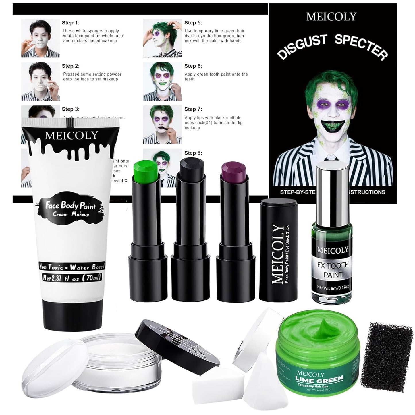 MEICOLY Disgust Specter Makeup Kit,White Face Paint,Green Hair Dye,Setting Powder,Green Tooth Paint,Complete Halloween Zombie Makeup Kit,SFX Character Set for Performance Stage Special Effect Costume