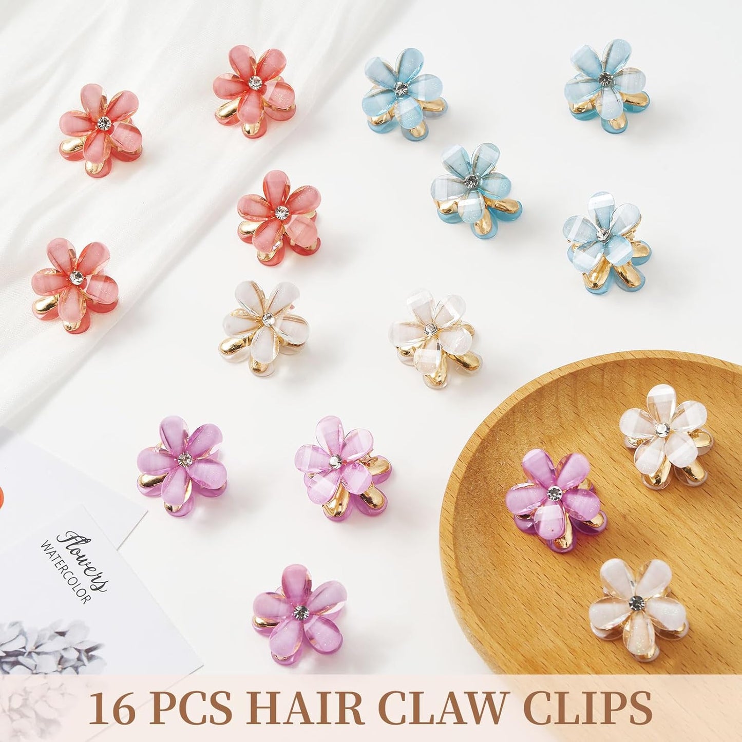 Small Flower Hair Clips for Women 16PCS Colourful Mini Crystal Flower Claw Clips for Thin/Thick Curly Hair Non Slip Bangs Pins(16PCS-Style 7)