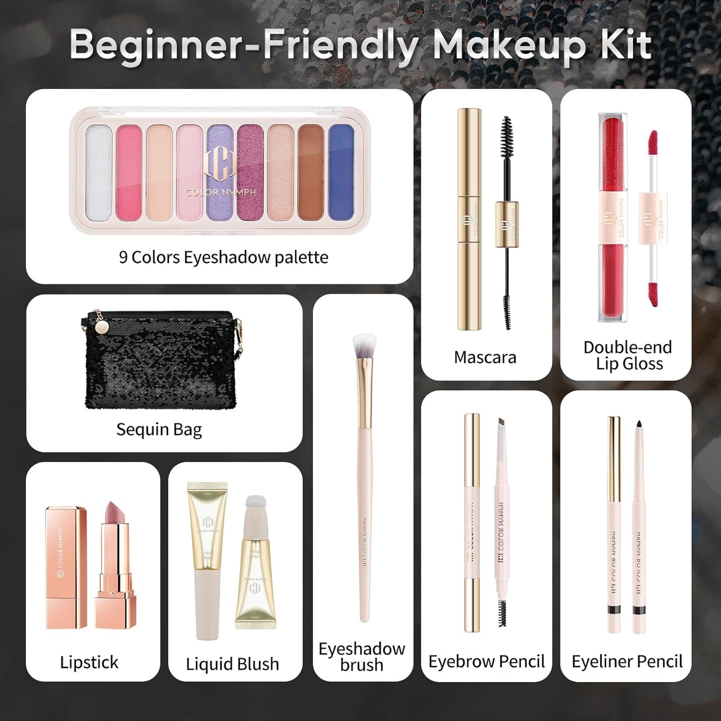 Color Nymph All in One Makeup Kit for Women & Girls, Cosmetics Gift Set with Sequin Shoulder Bag Includes Eyeshadow Palette, Lip Gloss, Lipstick, Liquid Blush, Eyeliner, Eyebrow pencil, Mascara, Brush