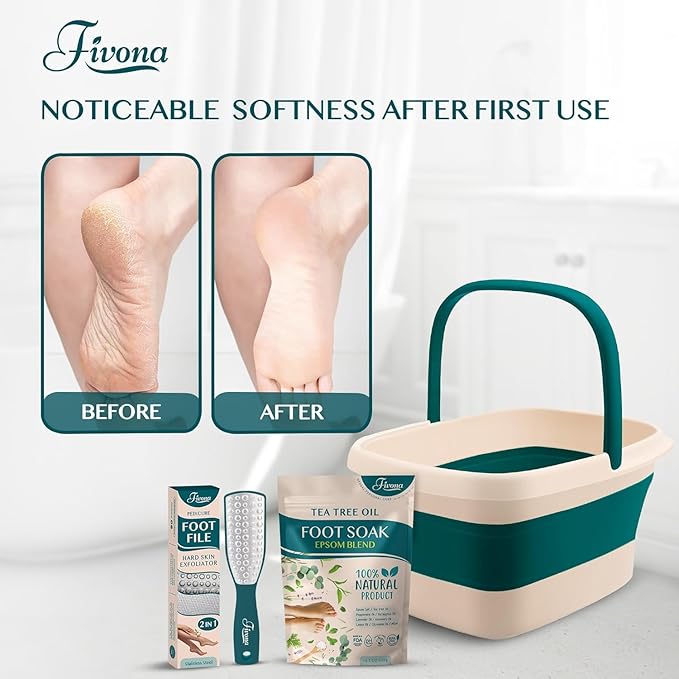 Fivona Foot Care Kit 3 in 1 - Foot Soak Blend with Epsom Salt, Tea Tree and Essential Oils - Collapsible Foot Soak Basin - Dual Action Foot File