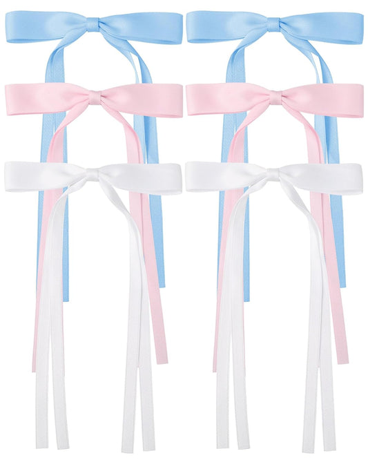 AWAYTR Hair Bow Clips - 6Pcs Hair Ribbons for Women in White/Pink/Blue with Long Tail Solid Hair Ribbon for Girls