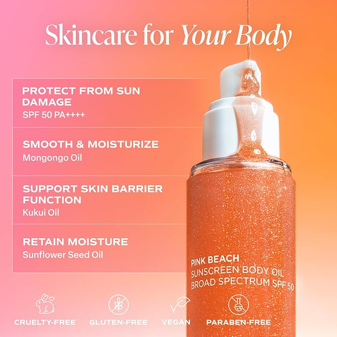 Saltair SPF Body Oil - Broad Spectrum SPF 50 PA++++ Sunscreen. Lightweight Dry Oil with Sun Protection and Moisturizing Kukui & Mongongo Extracts. Pink Beach Scent, 4floz Vacation Essential