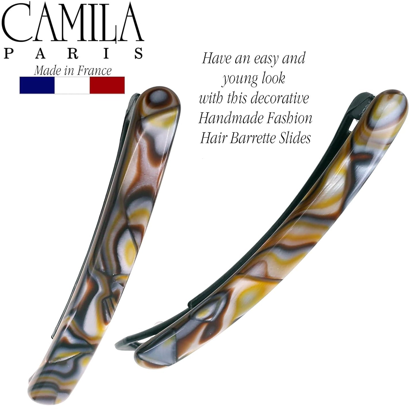 Camila Paris CP3373 French Hair Barrettes Clips for Women, Handmade, Girls Side Slide-in Barrette Clip, Hair Accessories for Women. Strong Hold No Slip Grip Fashion Durable Styling, Made in France