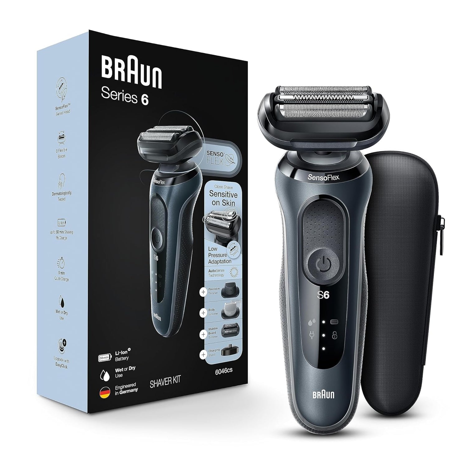 Braun Series 6 6046cs Electric Razor for Men, Wet & Dry, Electric Razor, Rechargeable, Cordless Foil Shaver with Charging Stand, Travel Case and Precision Trimmer, Black