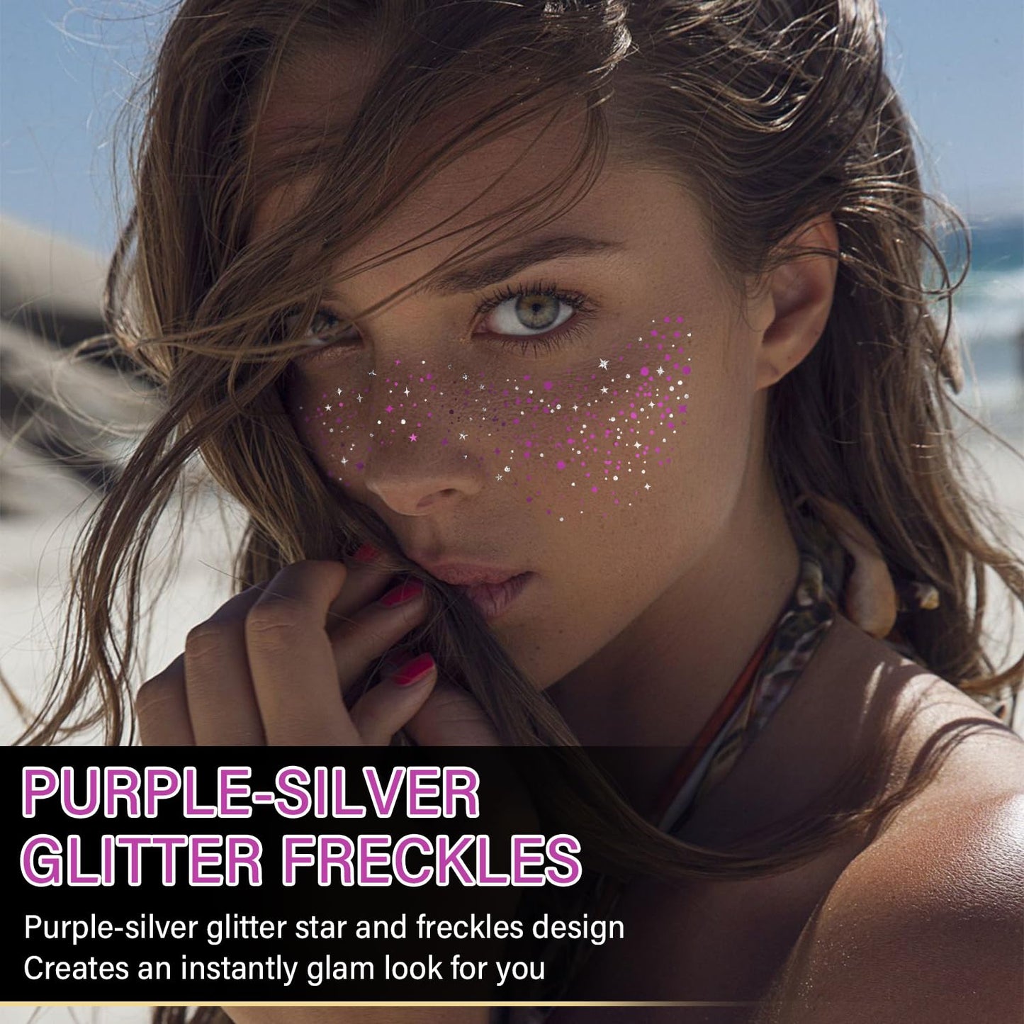 10 Pcs Purple and Silver Dual-tone Glitter Freckles, Halloween Glitter Freckle Face Tattoos, Waterproof Face Sparkle Temporary Tattoos, Long-lasting 48h Halloween Makeup for Women and Kids