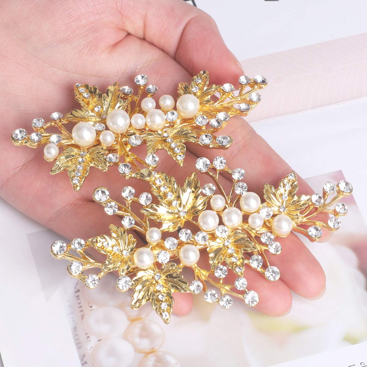 Wedding Hair Clips (2 Pcs) - Rhinestone Pearl Hair Accessories for Bridal Women (Gold)