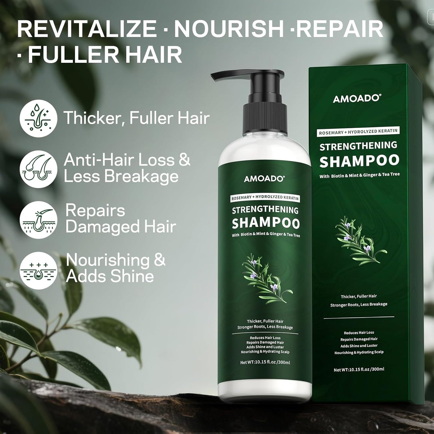 Rosemary & Hydrolyzed Keratin Hair Growth Shampoo, Organic Natural Shampoo for Thinning hair & Hair Loss with Biotin Mint Ginger Tea Tree, Paraben and Sulfate Free 10.15 fl. oz