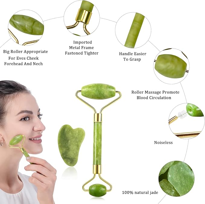 Jade Roller and Gua Sha Stone Set - Therapeutic Frozen Facial Massager for Beauty - Homemade Cold depuff Face Roller for Women (Green/2Pcs)