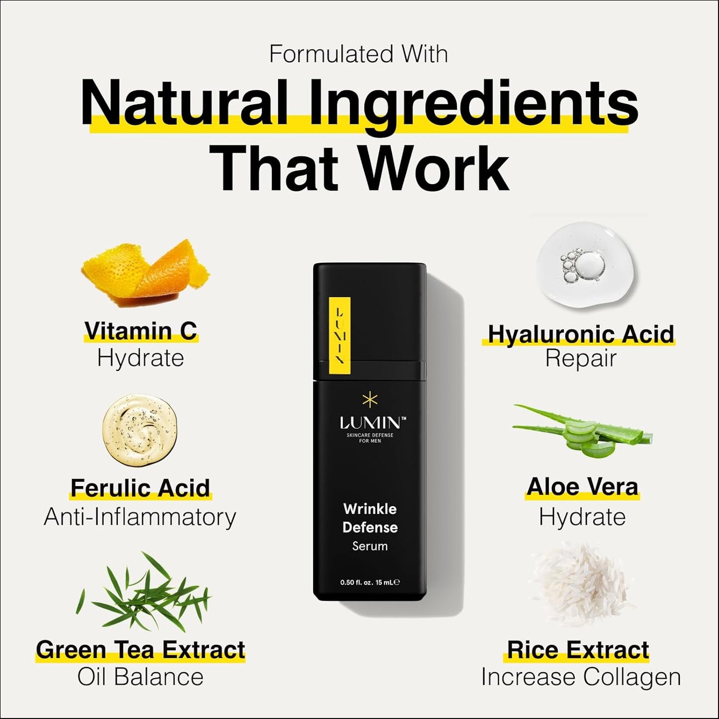 Lumin Wrinkle Defense Serum for Men Skincare | Anti-Aging Skincare with Vitamin C, Hyaluronic Acid, Ferulic Acid | Targets Fine Lines, Wrinkles, Dark Spots | Evens Skin Tone | 2 Months Supply | 15mL