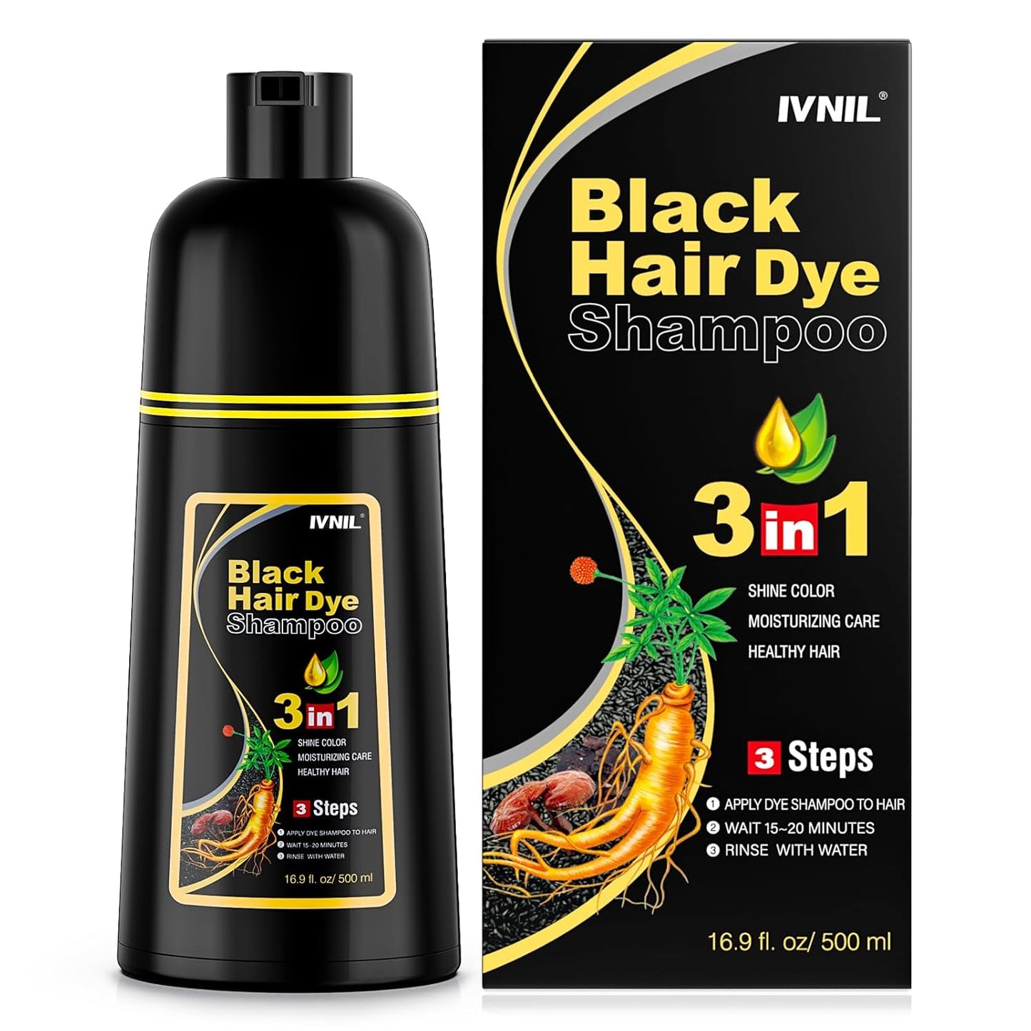 Ivnil Black Hair Dye Shampoo 3 in 1 Color Shampoo for Women & Men for Gray Hair Coverage for Instant Champu Para Canas