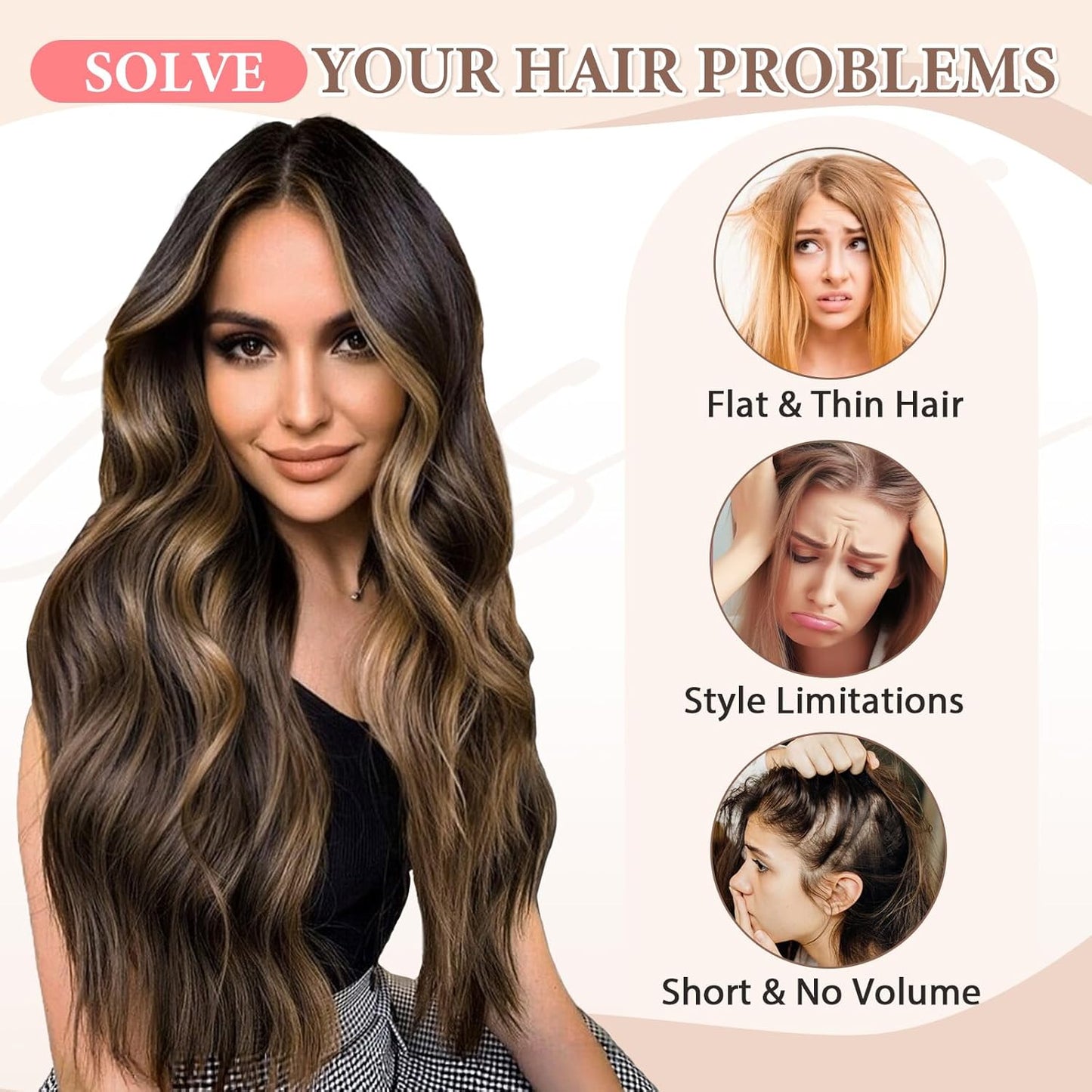 Synthetic Clip in Hair Extensions, 6PCS Natural &Soft Hair& Blends Well Lonng Wavy Hairpieces(20inch,6pcs, Black with Brown Highlights)