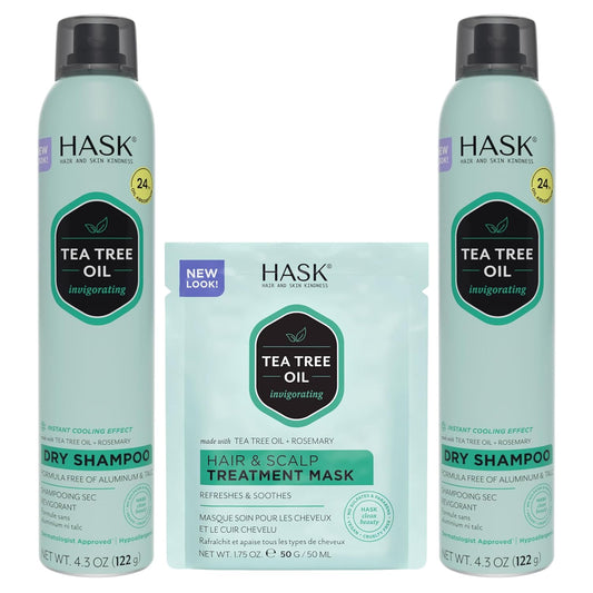 HASK Dry Shampoo Duo (4.3oz-Qty 2) & Deep Conditioner Packette, Aluminum-Free, Sulfate-Free, Paraben-Free, Color Safe, for All Hair Types (Tea Tree)