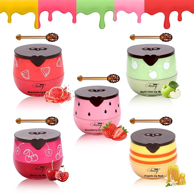 Honey Lip Balm, Bee Lip Balm Honey Pot,Moisturizing Lip Mask Overnight,Hydrate Repair Prevent Dry Cracked Lip Care (5, Honey+Strawberry+Watermelon+Apple+Cherry)
