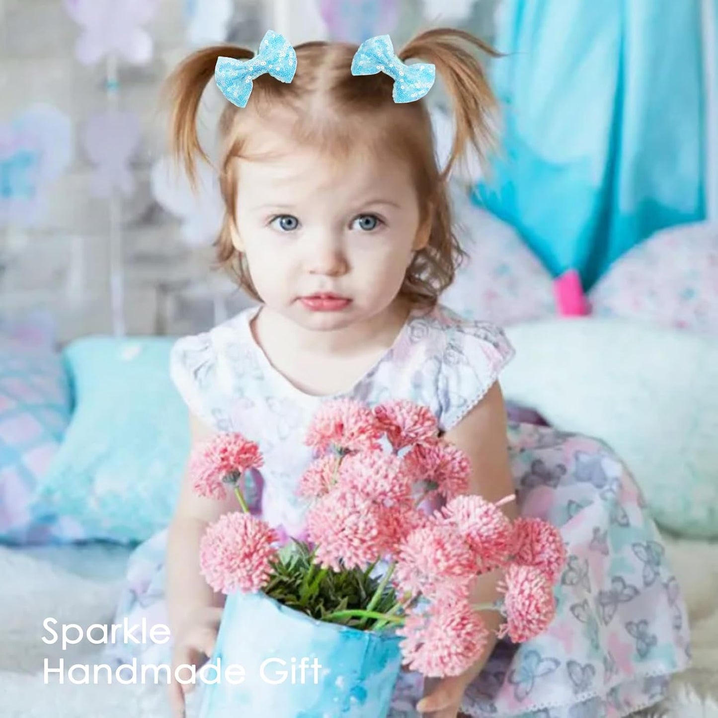 KISZU 3 Inch Glitter Hair Bows Clips, Sparkling Sequin Little Bow HairPins for Baby Girls Children Teens and Women (Light Blue)