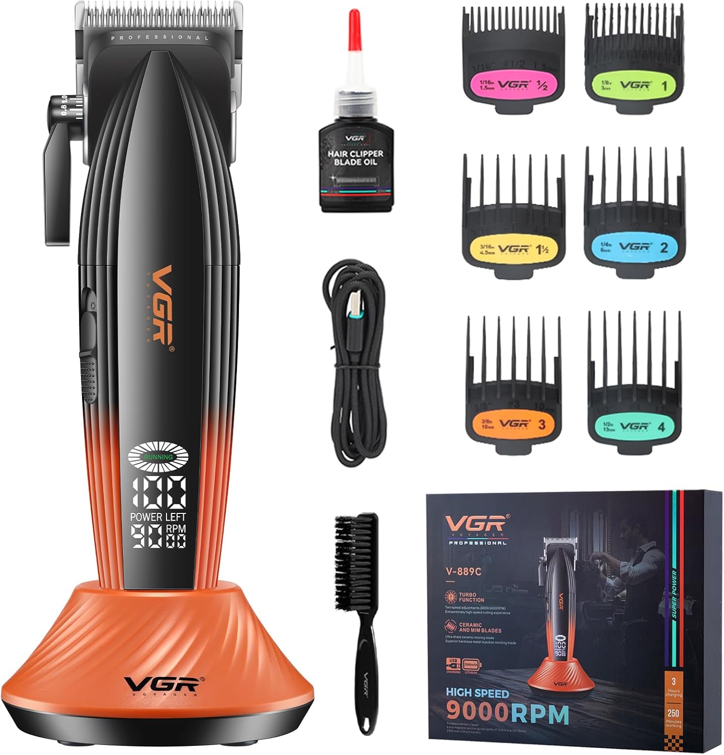 VGR 889C Professional Hair Clippers for Men, 9000RPM Cordless Barber Clippers with Ceramic & MIM Blades, 6 Magnetic Guide Combs, LED Display, USB Charging Base, Mens Grooming Kits for Barber