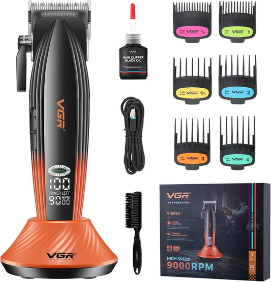 VGR 889C Professional Hair Clippers for Men, 9000RPM Cordless Barber Clippers with Ceramic & MIM Blades, 6 Magnetic Guide Combs, LED Display, USB Charging Base, Mens Grooming Kits for Barber
