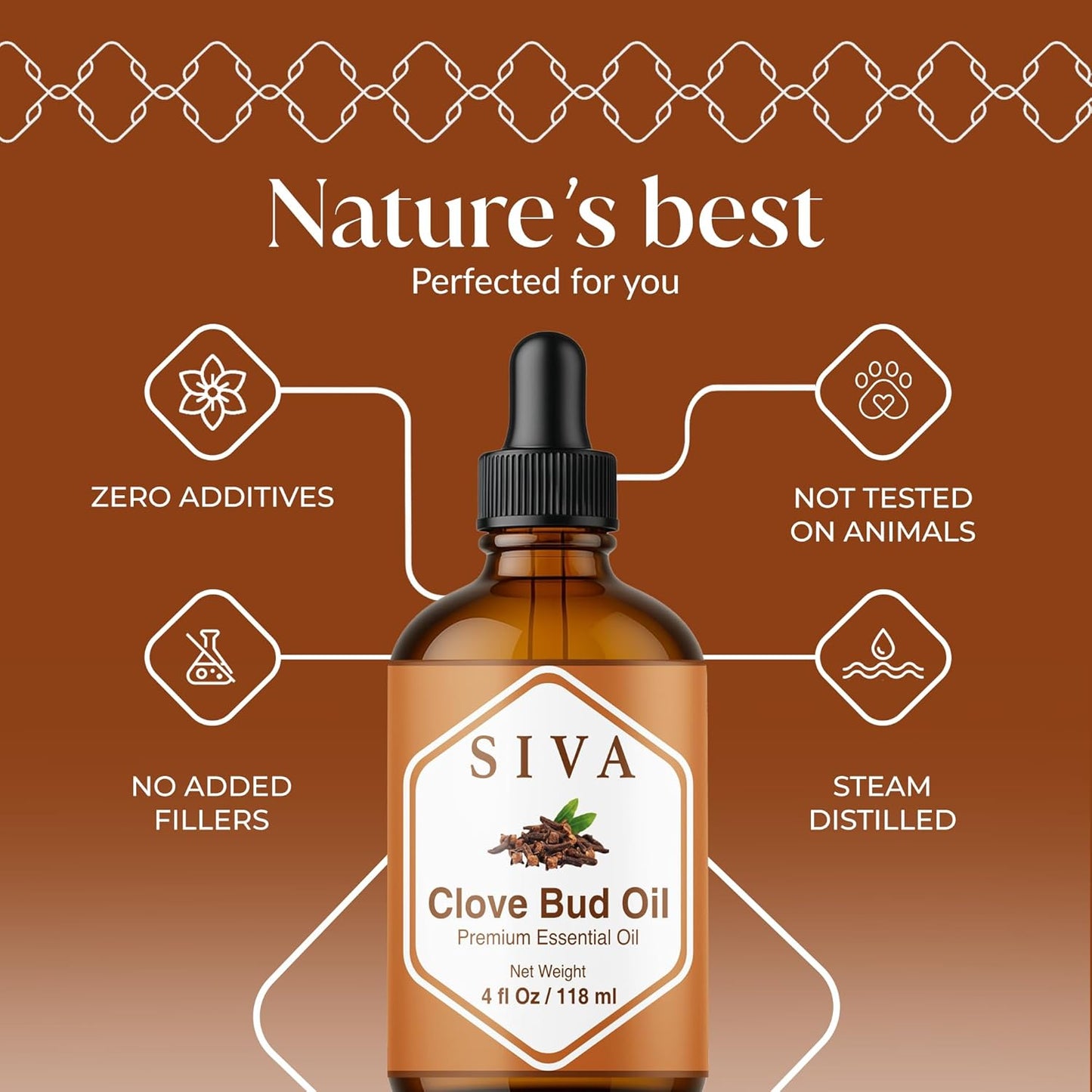 Siva Clove Bud Essential Oil - 4 Fl Oz – 100% Natural Clove Oil - for Diffuser, Face, Skin Care, Aromatherapy, Hair Care, Scalp and Body Massage - with Dropper