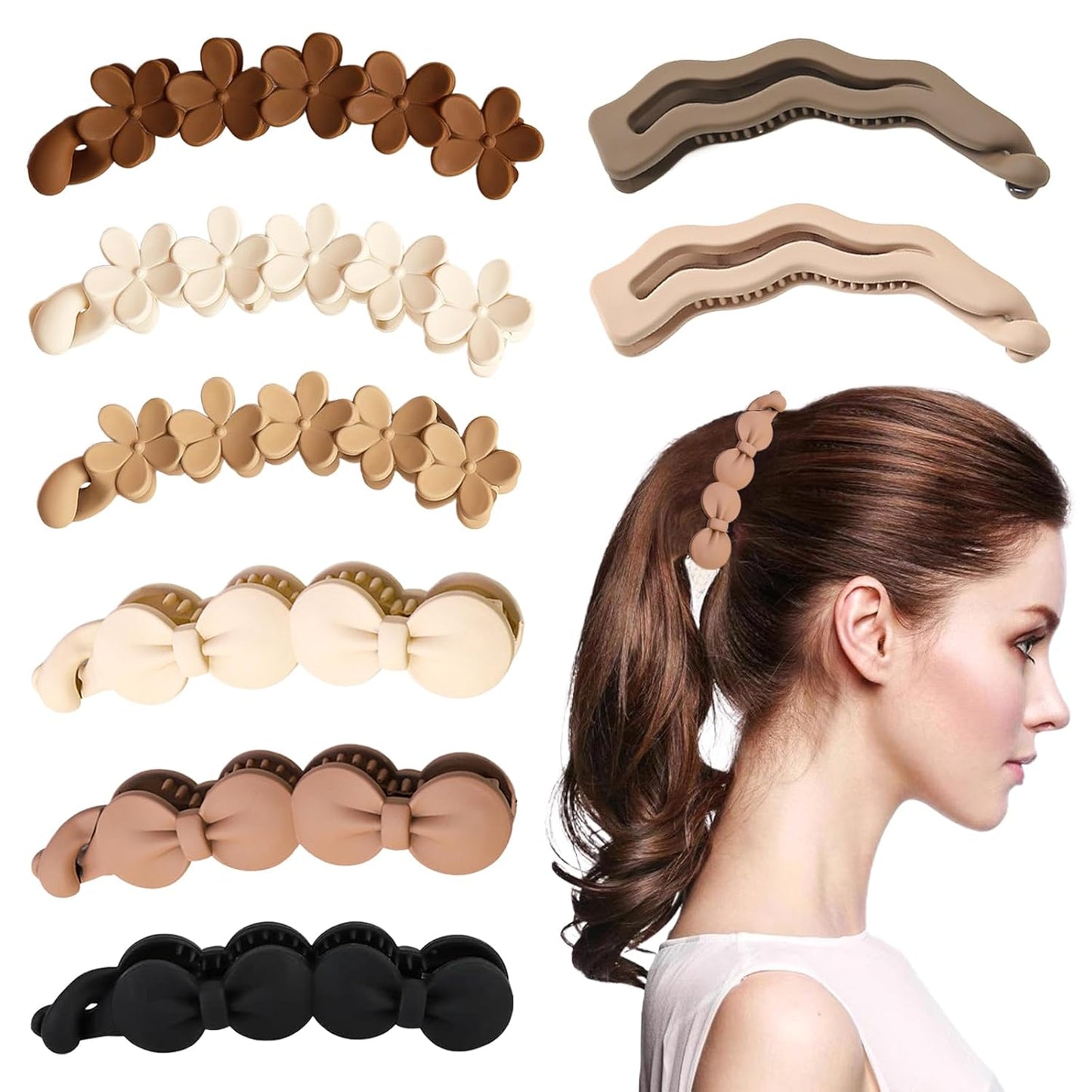 8 Pcs Bow Banana Clips Flower Banana Hair Clips Wavy Shape Large Banana Claw Clips Matte Strong Hold Ponytail Holder Clip Hair Jaw Clips Barrettes Styling Accessories for Women Girls Thick Thin Hair