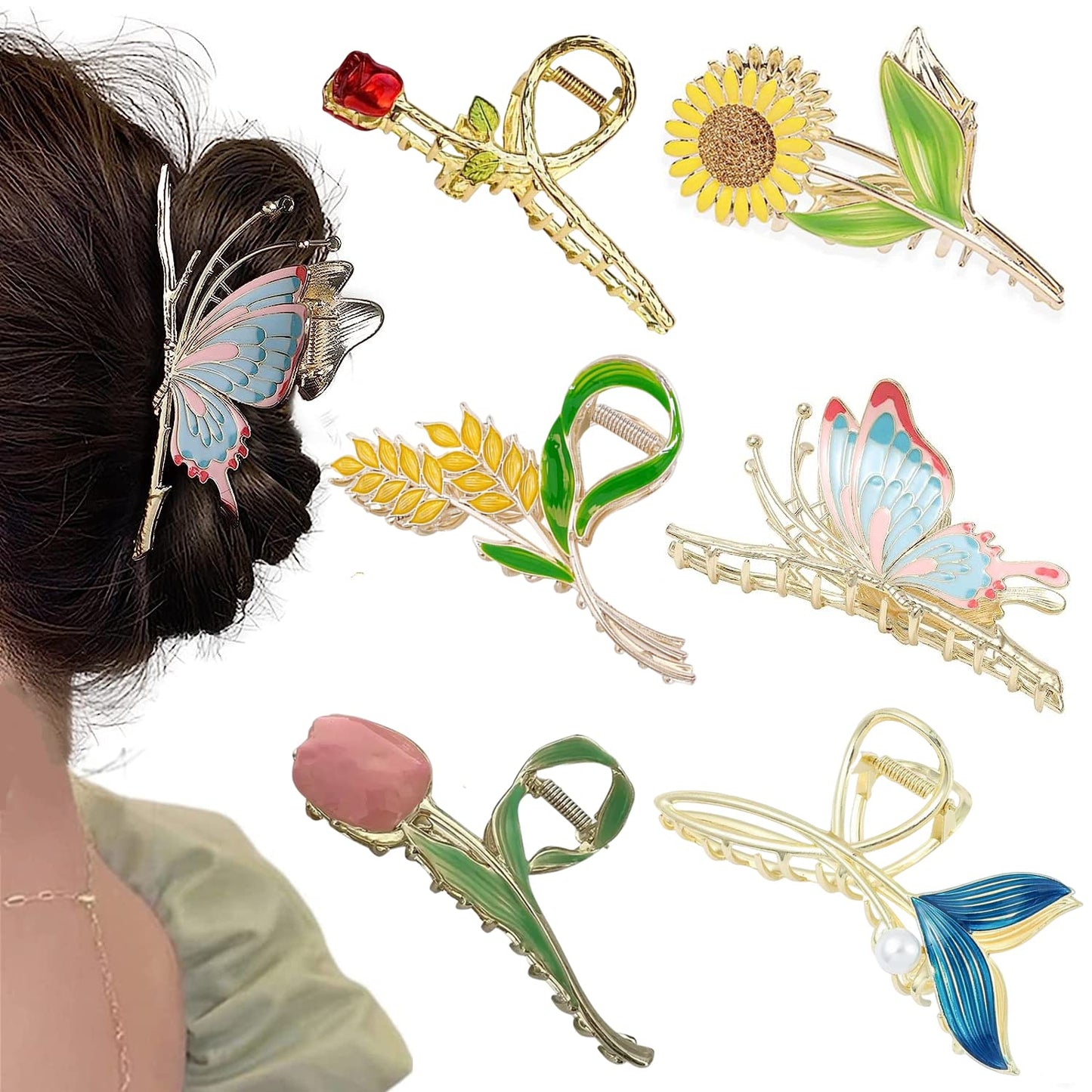 Flower Metal Hair Claw Clips 6 Pcs Cute Large Tulip Hair Claw NonSlip Hair Barrettes Strong Hold Hair Clamps Fashion Hair Accessories for Woman Girls with Long Thick Thin Curly Hair (D Style)