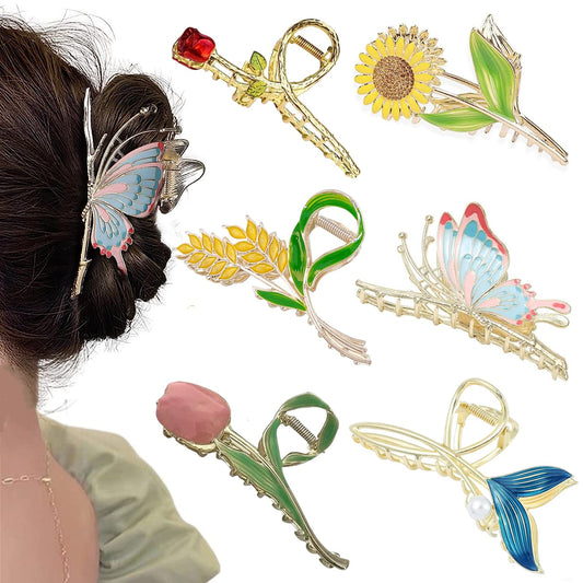 Flower Metal Hair Claw Clips 6 Pcs Cute Large Tulip Hair Claw NonSlip Hair Barrettes Strong Hold Hair Clamps Fashion Hair Accessories for Woman Girls with Long Thick Thin Curly Hair (D Style)