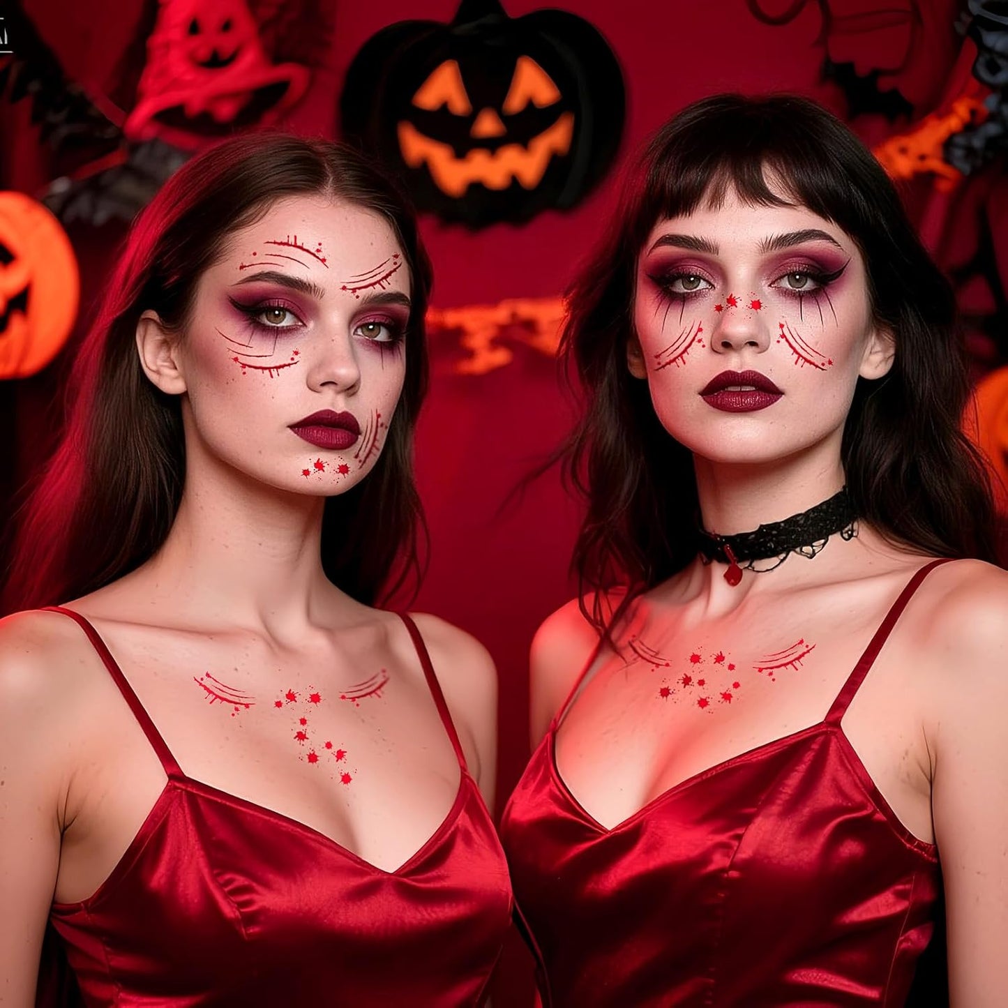 Halloween Scary Glitter Freckles, 6 Pcs Scars Stitches Face Tattoo Sparkle Red Wounds Freckles Makeup Patches for Face Rave Accessories