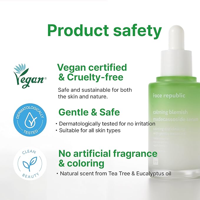 Face Republic Calming Blemish Madecassoside Serum 45ml 1.52 fl oz | Lightweight | Calming, Soothing | Madecassoside, Tea Tree, Centella Asiatica | For irritated skin | Vegan Korean Skin Care