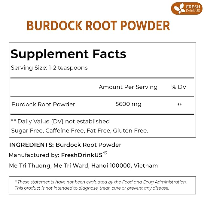 FreshDrinkUS, Premium 2oz Burdock Root Powder, 100% Natural & Pure from Burdock Root, Burdock Root Herbal Tea, No Additives, No Caffeine, Vegan