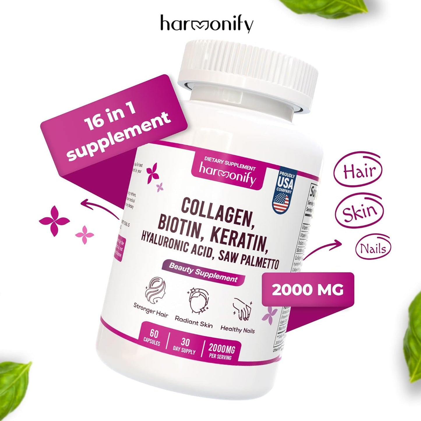 Collagen Biotin Keratin Hyaluronic Acid Complex Supplement with Vitamin E, Folic Acid, Pumpkin Seed and MSM, 60 Capsules, 1000 mg