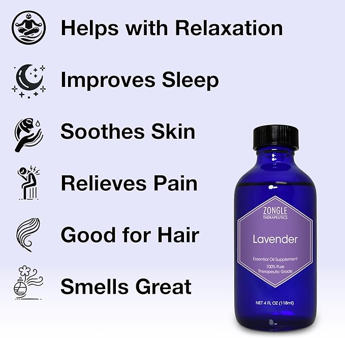 Lavender Essential Oil, Food Grade, for Drinks, Skin, Hair – 100% Pure, Lavender Oil, by Zongle Therapeutics, 4 OZ