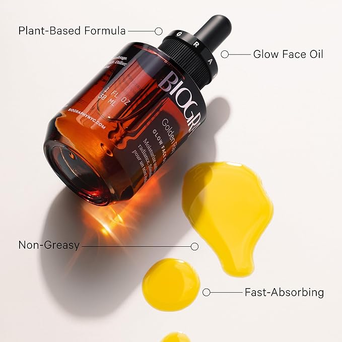 Golden Ray Glow Face Oil, 30ml. Collagen Boosting, Natural Skincare Moisturizing & Hydrating Facial Oil for Women. Incr Elasticity w/French Marine Algae, Jojoba & Rosehip for Fine Lines & Wrinkles