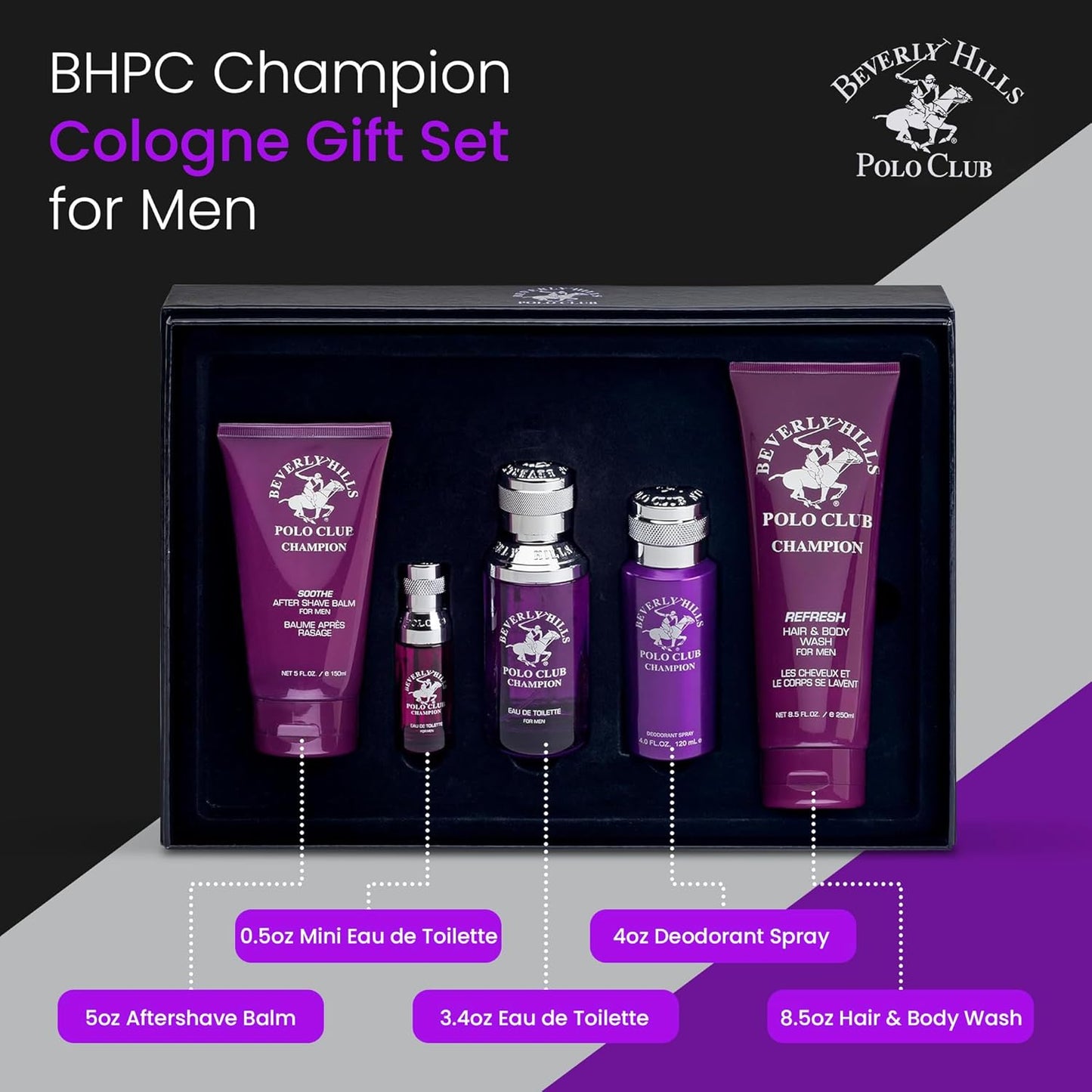 Beverly Hills Polo Club Champion Men's Cologne Gift Set | Fresh, Fruity & Vanilla Scent | 3.4oz EDT, Body Wash, Aftershave & Deodorant | BHPC Luxury Fragrance Collection