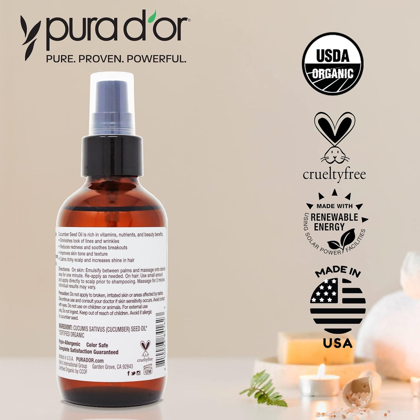 PURA D'OR 4 Oz Organic Cucumber Seed Oil100% Pure USDA Certified Premium Grade All Natural Moisturizer, Cold Pressed, Unrefined, Hexane-Free Base Carrier Oil for DIY Skin Care For Men & Women